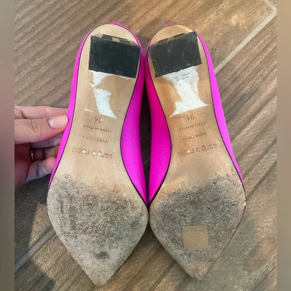 SERGIO ROSSI Super Heel Crystal-Embellished Neon Bright Pink Satin Pumps 34 4 - Picture 10 of 10